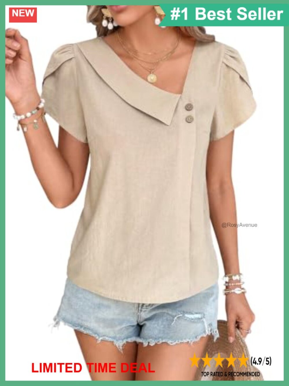 Womens Dressy Casual Asymmetric Neck Petal Sleeve Blouse